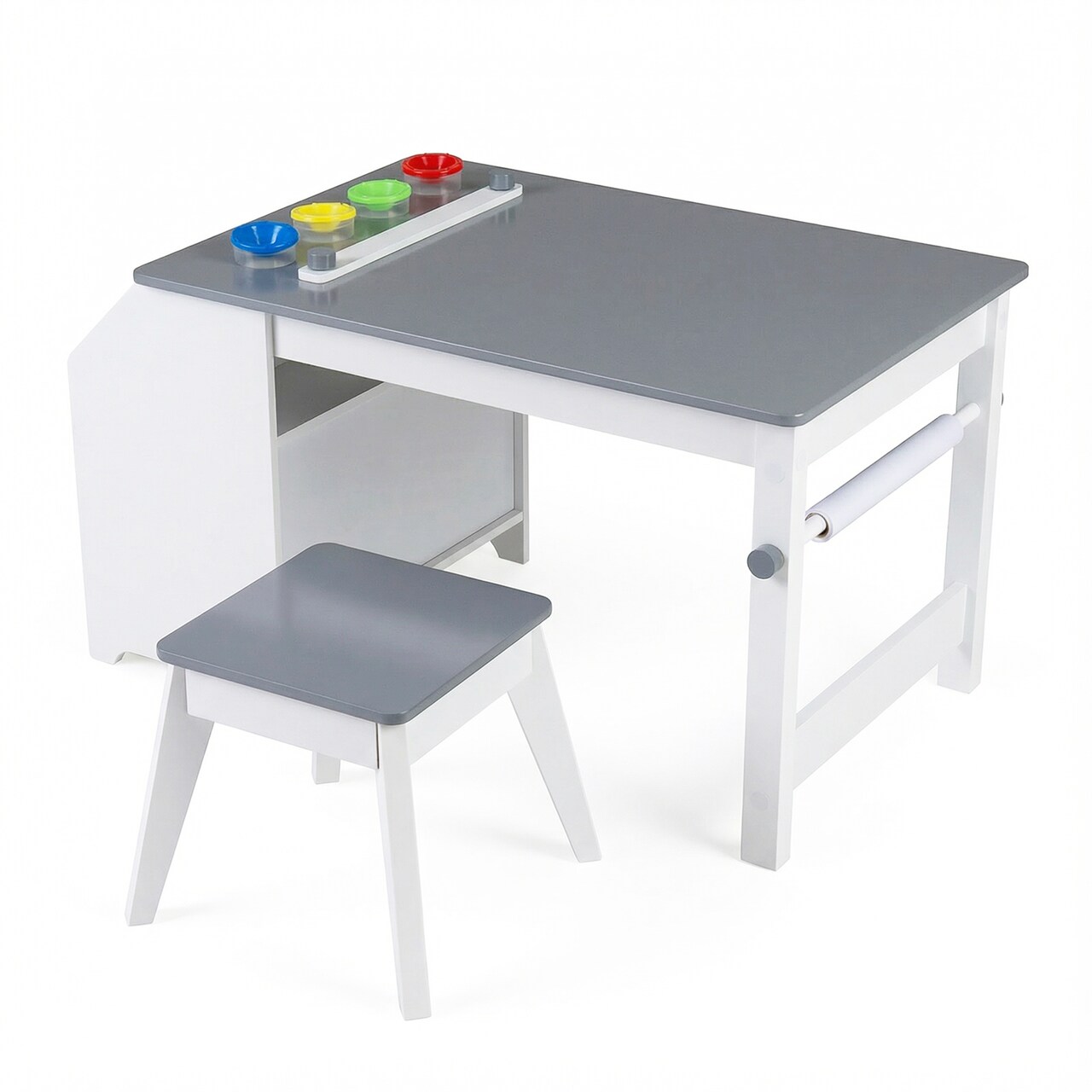Kids Drawing Table and Stool Set with Paper Roll and Paint Cups